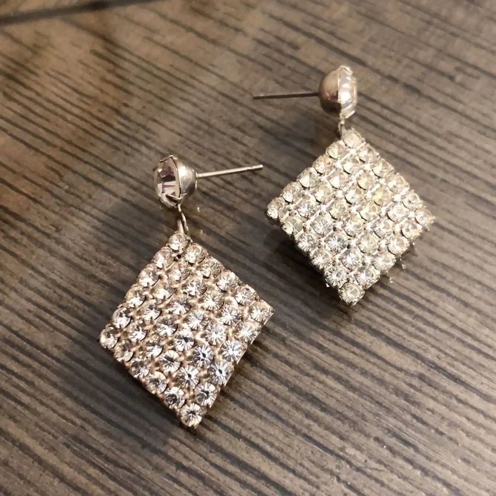 Glass Silvertone Rhinestone Diamond Shape Earrings
